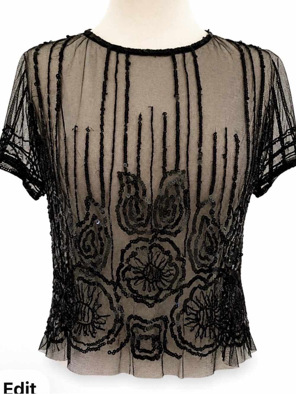 MM Couture Sequin Sheer Mesh Top Black Beaded Floral Overlay Party Blouse Size M